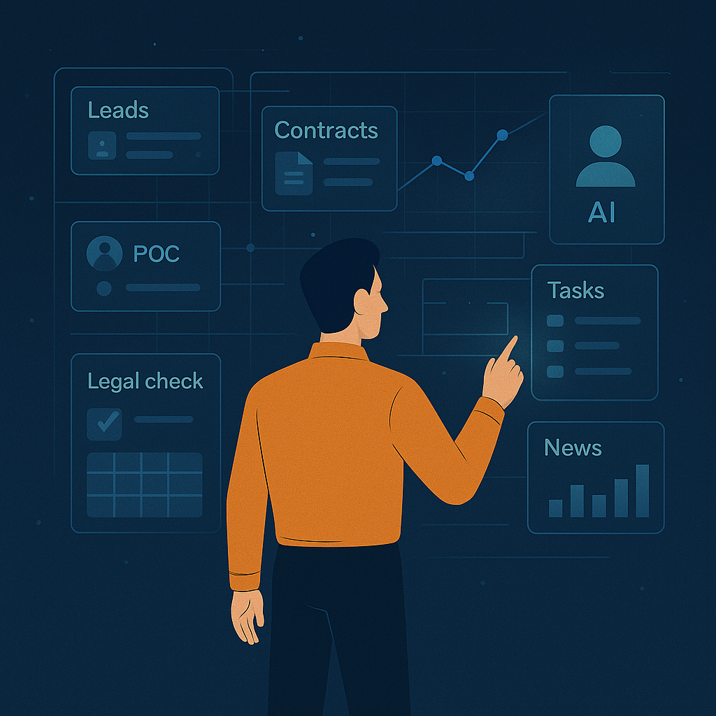 Consultant using a futuristic dashboard with AI-powered tools for leads, contracts, and tasks.